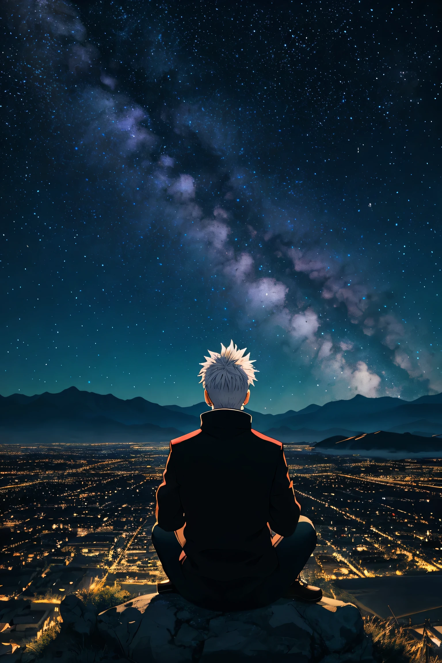 This scene shows a white-haired character in anime style sitting under a night sky. Anime Jutsu Kaisen, Gojo Satoru, backward, The character looks out at a magnificent starry sky and galaxy, with a dazzling light shining in the center. The character is calm and serene, as if gazing into the mysteries of the universe. In the background are mountains and city lights.