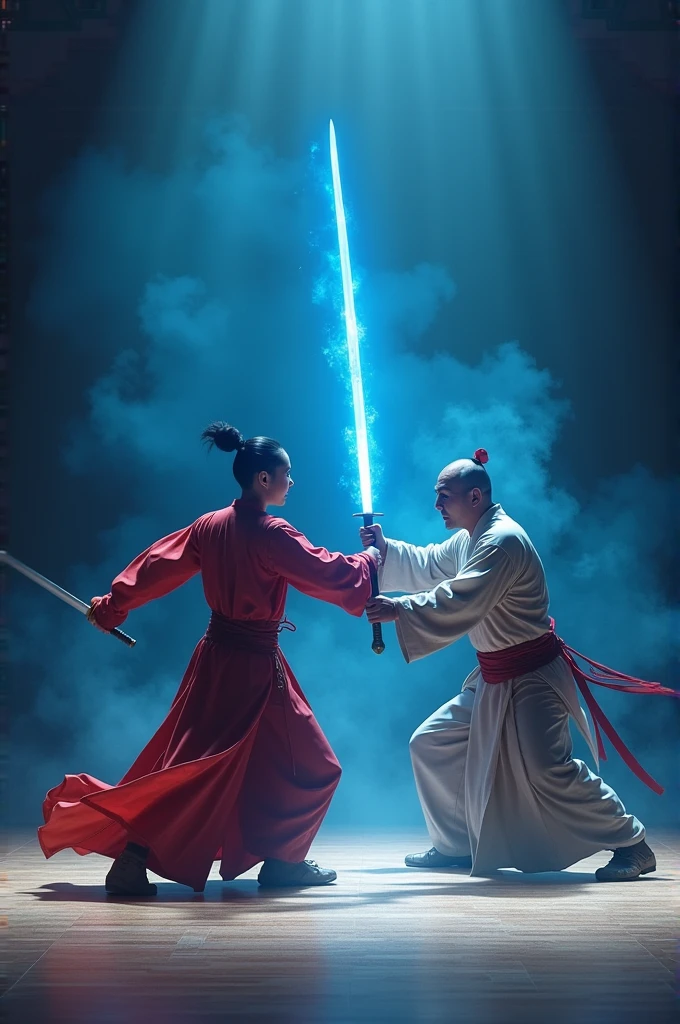 Blue light flashing,A blue steel sword suddenly thrust out,Pointing to the middle-aged man's left shoulder,The young swordsman does not wait for the old sword to use his sword moves,Wrist flick sword slant,The sword had already cut towards the man's right neck.。The middle-aged man raised his sword to block,A clanging sound,Double Swords Clash,Buzzing,The sound of the earthquake finally stopped,The twin swords gleamed,Three moves have been taken down。The middle-aged man's long sword suddenly struck down,Cut the boy's head。The boy dodged to the right,Left-hand sword technique,The steel sword stabbed the man's thigh。 The two swordsmen are swift,Fight with all your strength。 There were two people sitting on the east side of the martial arts hall.。The one at the top is a middle-aged Taoist nun in her forties.,Livid,Lips tightly closed。The next person is an old man in his fifties.,Right hand twisting long beard,Looks very proud,The two seats were more than ten feet apart.,Behind him stood more than 20 men and women.。There were more than ten guests sitting on a row of chairs on the west side.。The sunlight from both the east and the west is focused on the fight between the two people in the arena.,They are all Chinese people wearing Taoist robes