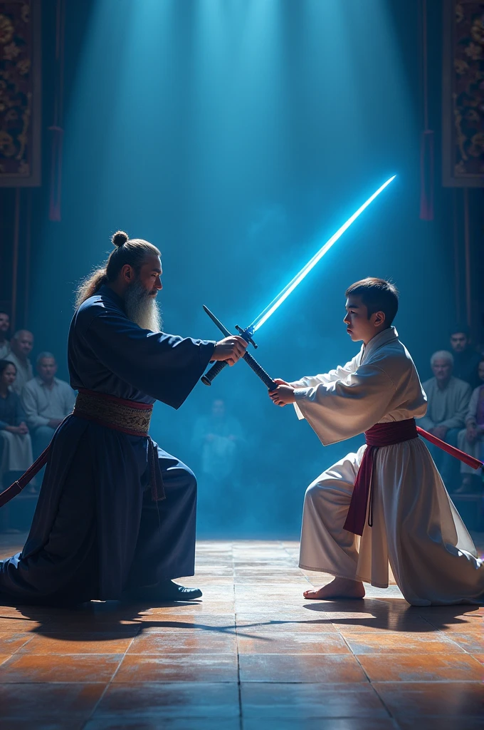 Blue light flashing,A blue steel sword suddenly thrust out,Pointing to the middle-aged man's left shoulder,The young swordsman does not wait for the old sword to use his sword moves,Wrist flick sword slant,The sword had already cut towards the man's right neck.。The middle-aged man raised his sword to block,A clanging sound,Double Swords Clash,Buzzing,The sound of the earthquake finally stopped,The twin swords gleamed,Three moves have been taken down。The middle-aged man's long sword suddenly struck down,Cut the boy's head。The boy dodged to the right,Left-hand sword technique,The steel sword stabbed the man's thigh。 The two swordsmen are swift,Fight with all your strength。 There were two people sitting on the east side of the martial arts hall.。The one at the top is a middle-aged Taoist nun in her forties.,Livid,Lips tightly closed。The next person is an old man in his fifties.,Right hand twisting long beard,Looks very proud,The two seats were more than ten feet apart.,Behind him stood more than 20 men and women.。There were more than ten guests sitting on a row of chairs on the west side.。The sunlight from both the east and the west is focused on the fight between the two people in the arena.,They are all Chinese people wearing Taoist robes