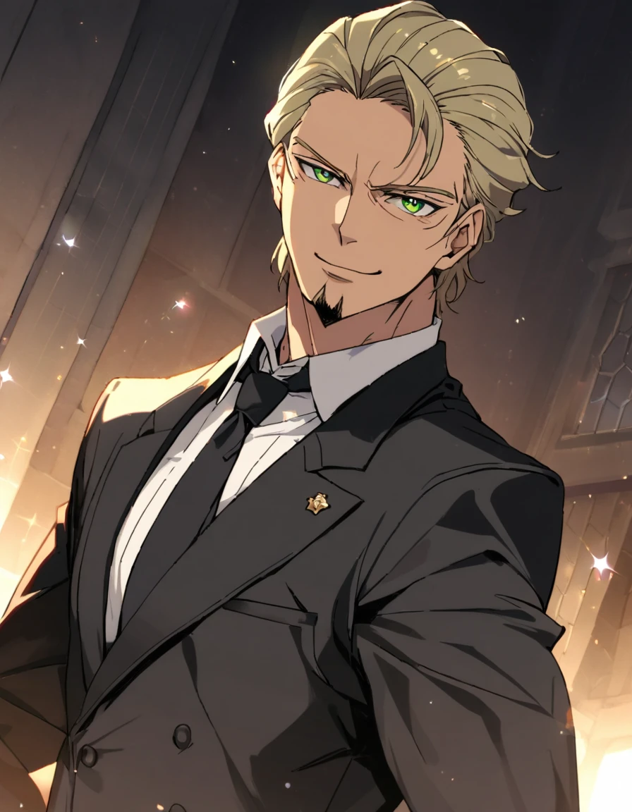 1man, veteran spy agent, handsome mature, business hair with asymmetrical bangs, narrow goatee, green platina blond hair, emerald eyes, 45yo, caucasian, ugly uncle, pentagon shaped, BREAK ideal ratio body proportions, middle weight muscular, beautiful detailed eyes, dark iris, BREAK solo, funeral clothing, black suit, black necktie, white shirt, softly smile, at wall street, detailed background, BREAK upperlegs, dandy posing, dramatic expression, 2000s, visual novel, in newest eroge style, dutch angle, cinematic shadows, cinematic lighting, lens flare, light leaks, texture, BREAK absurdres absolutely resolution, extreme all detailed, masterpiece, best quality