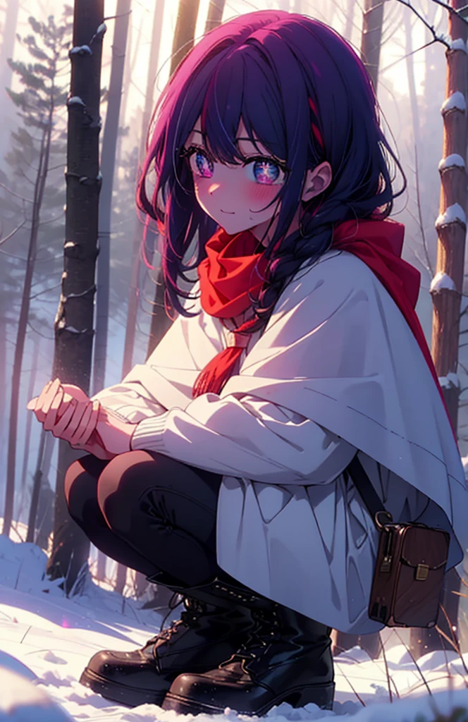 aihoshino, Ai Hoshino, Long Hair, bangs, (Purple eyes:1.1), Purple Hair, (Symbol-shaped pupil:1.5), smile,,smile,blush,white breath,
Open your mouth,snow,Ground bonfire, Outdoor, boots, snowing, From the side, wood, suitcase, Cape, Blurred, , forest, White handbag, nature, Squat, Mouth closed, Cape, winter, Written boundary depth, Black shoes, red Cape break looking at viewer, Upper Body, whole body, break Outdoor, forest, nature, break (masterpiece:1.2), Highest quality, High resolution, unity 8k wallpaper, (shape:0.8), (Beautiful and beautiful eyes:1.6), Highly detailed face, Perfect lighting, Highly detailed CG, (Perfect hands, Perfect Anatomy),