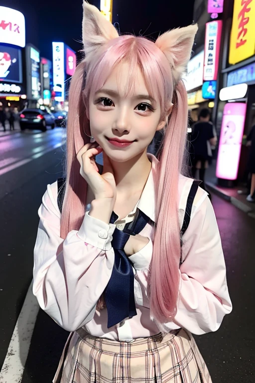 ((Pink Hair))、((Pink Hair))、((Twin tails))、((Highest quality、8k、masterpiece))、((Landmine Girl))((Highest quality、8k、masterpiece))、Sharp focus:1.2、(Small fox ears)、Cute 17 year old girl with perfect figure、((Japan schoolgirl summer uniform))、Highly detailed face、Pay attention to the details、double eyelid、Beautiful thin nose、Sharp focus:1.2、Beautiful woman:1.4、((Cute pose))、Highest quality、masterpiece、Ultra-high resolution、(Realistic:1.4)、((Neon Light))、((On the streets of Kabukicho at night))、Highly detailed and professional lighting、nice smile、((Japan schoolgirl summer uniform))