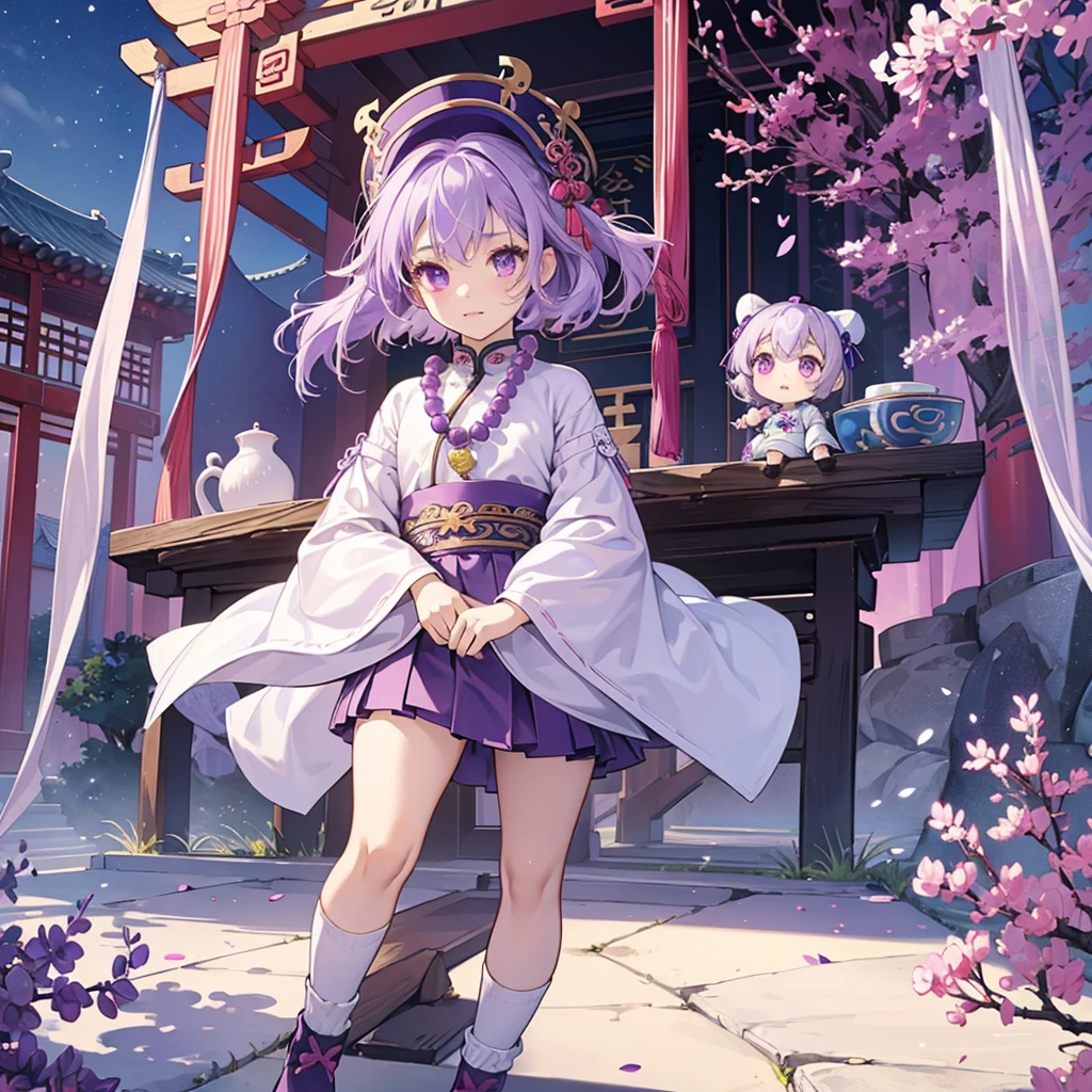 1 little chibi girl, light purple hair, dark purple hat, magenta eyes, purple and blue outfit, long white socks, big beads necklace, chinese clothes, old chinese temple