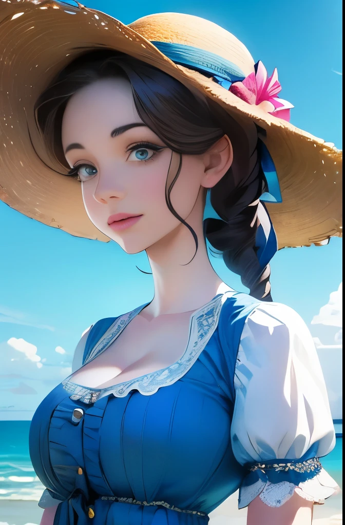a close up of a woman in a dress and hat on a beach, with straw hat, victorian style costume, victorian blue dress, perdita weeks!, straw hat and overcoat, in victorian aristocrat, inspired by Caroline Lucy Scott, inspired by Isobel Heath, inspired by Isobelle Ann Dods-Withers, inspired by Olive Mudie-Cooke