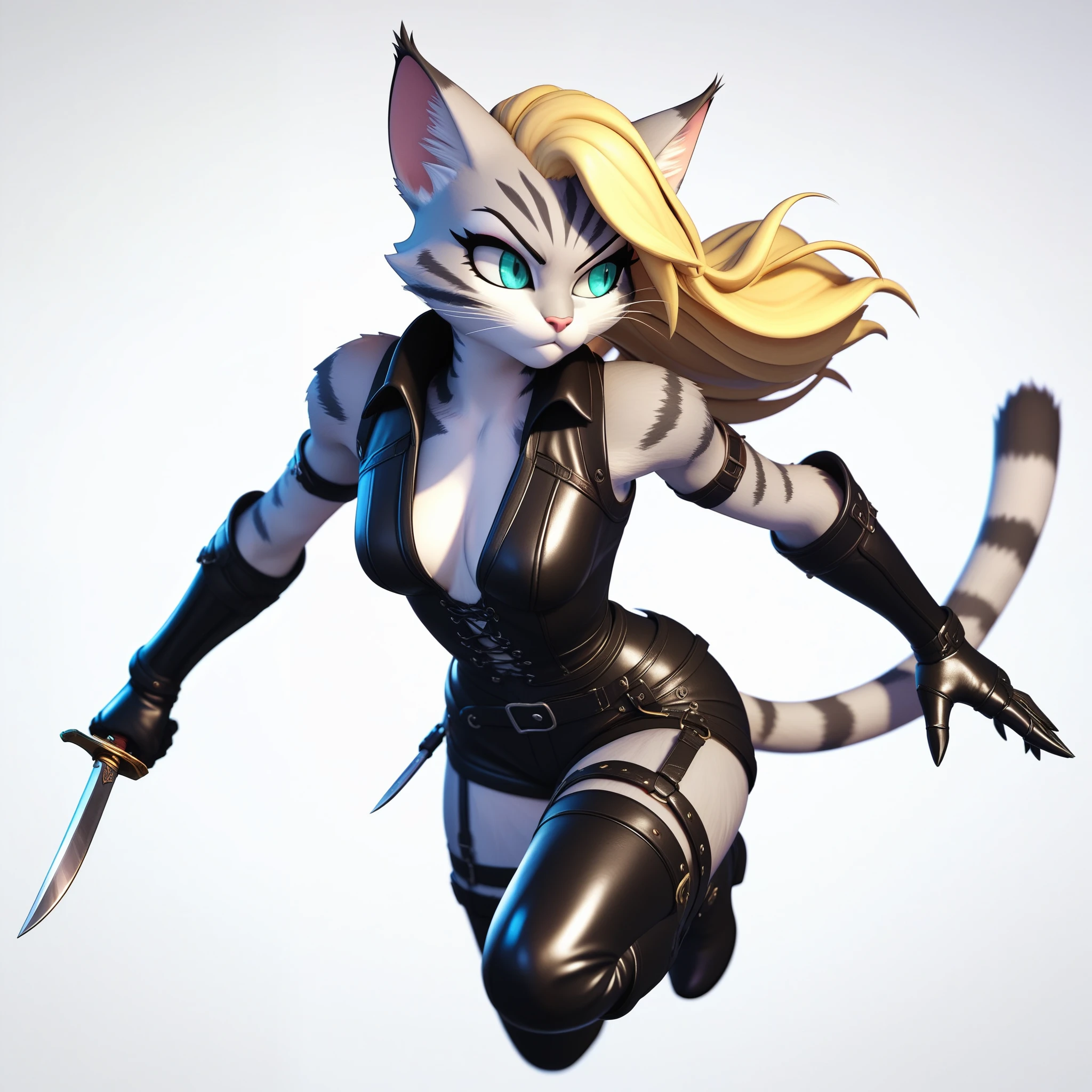 score_9,score_8_up,score_7_up, score_6_up, score_5_up,source_anime, kemono style, 3d, video game style, super smash bros style, Anthro, Kat, Anthro furry feline, silver fur, pink nose, :3, long blonde hair, undercut hair, wearing black leather medieval style vest, black leather short shorts, black leather gauntlets, leather straps and adventuring gear, black leather boots, she is holding two knife daggers, jumping through the air, dynamic action, serious expression, furrowed eyebrows, simple white background, she is looking away