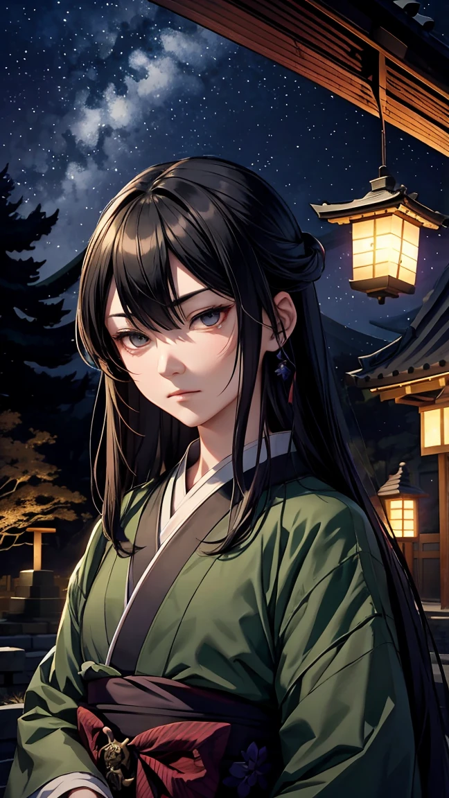 Under the dark night sky、A portrait of Abe no Seimei with a solemn expression、A small drawing of Seimei、A pentagram with a cold light shining behind it、Old shrine background、Mossy stone pavement and rows of lanterns