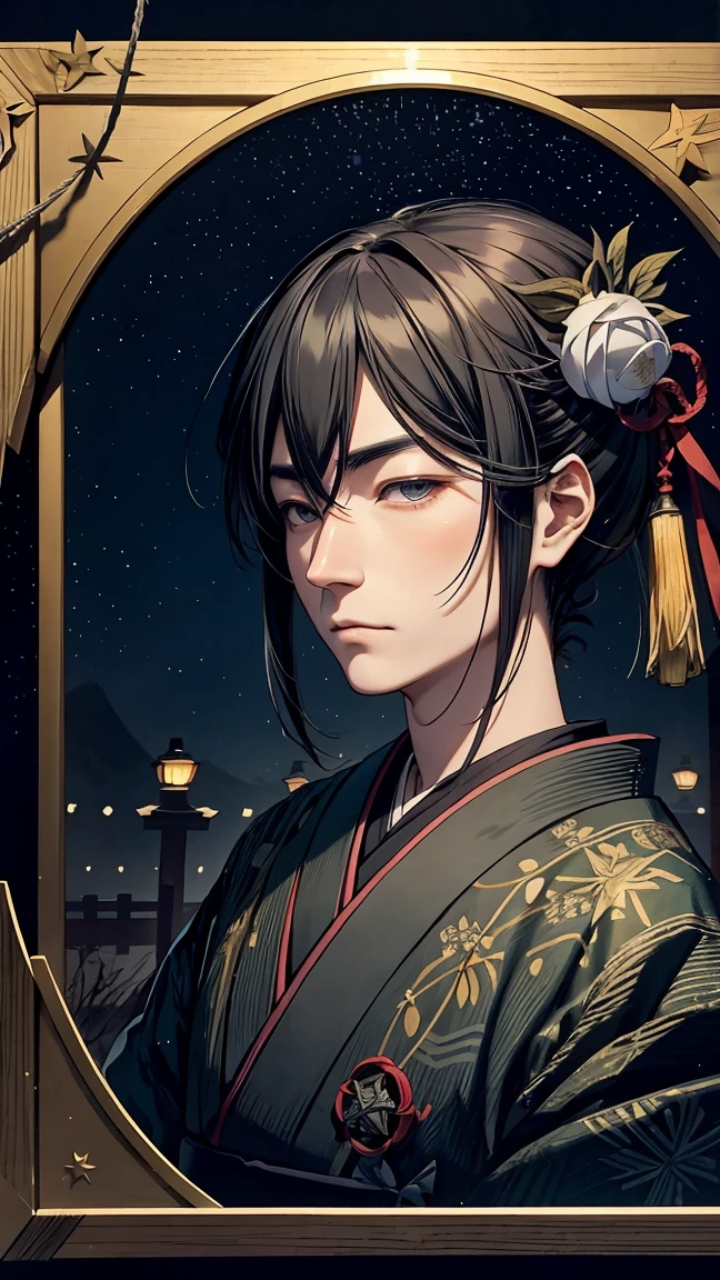 Under the dark night sky、A portrait of Abe no Seimei with a solemn expression、A small drawing of Seimei、A pentagram with a cold light shining behind it、Old shrine background、Mossy stone pavement and rows of lanterns