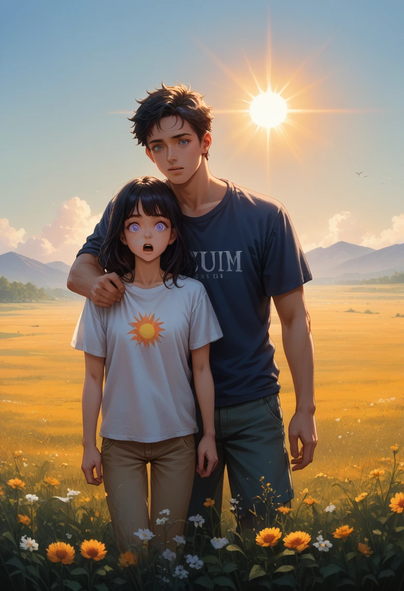 masterpiece, Best quality, {Best quality}, {{masterpiece}}, {a high resolution}, {{{field field}}, extremely detailed pair, illustration, pair, 1 boy, 1 girl with a great figure, pair, Love, Love, romantic, Sharp Focus, male focus, female focus, black hair, purple eyes, Sun, Sunlight, climb, surprised, orange sky, flowers, cinematic film still,score_9,score_8_up,score_7_up,masterpiece,best quality,8k,source_cartoon,source_アニメ, maximum details, full detailed, The shine of the whole picture, Feelings, Petals fly and circle around,