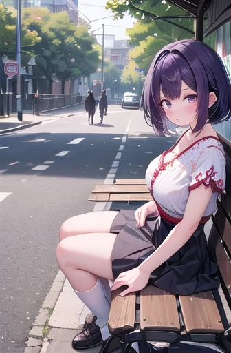 (masterpiece, Highest quality), One girl, Deep Purple Tapered Fade and Textured Side Part, Large Breasts, Violet red embroidered peasant top and gauze maxi skirt, Bobby Socks, sitting on a bench on a busy street, Observe people with curiosity.