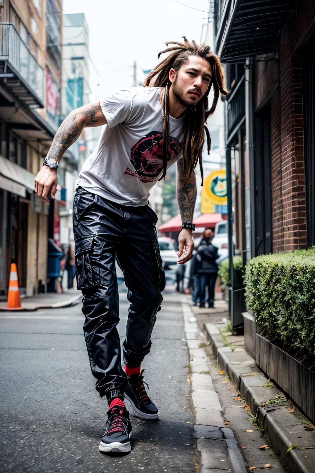 ((best quality)), ((masterpiece)), (detailed), cyberpunk city beground, handsome man(full body), low angle camera view, realistic face(asian brown skin), ((dreadlock punk hair)), black cargo pants, band printing t-shirt