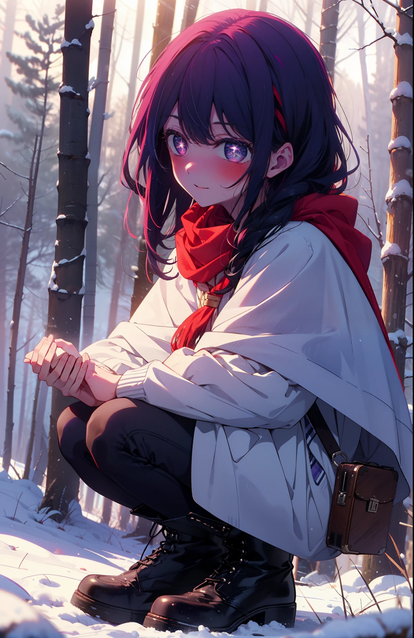 aihoshino, Ai Hoshino, Long Hair, bangs, (Purple eyes:1.1), Purple Hair, (Symbol-shaped pupil:1.5), smile,,smile,blush,white breath,
Open your mouth,snow,Ground bonfire, Outdoor, boots, snowing, From the side, wood, suitcase, Cape, Blurred, , forest, White handbag, nature, Squat, Mouth closed, Cape, winter, Written boundary depth, Black shoes, red Cape break looking at viewer, Upper Body, whole body, break Outdoor, forest, nature, break (masterpiece:1.2), Highest quality, High resolution, unity 8k wallpaper, (shape:0.8), (Beautiful and beautiful eyes:1.6), Highly detailed face, Perfect lighting, Highly detailed CG, (Perfect hands, Perfect Anatomy),