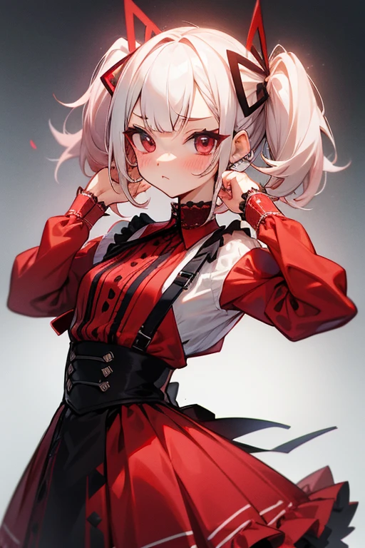 Short white hair, blush, Laced Dress、Punk Fashion、Headbang 2.、Red clothes、Twin tails