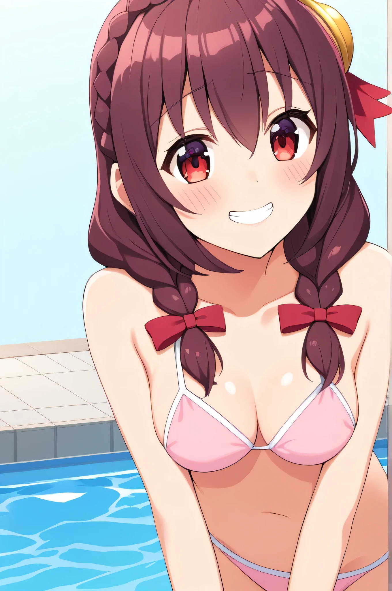 alone, One girl, Yunyun、(grinning)、(blush:1.5) , Crown braids of the same color as your hair, Red Eyes、hair ornaments, Hair Ribbon, (Pink Bikini)、Poolside