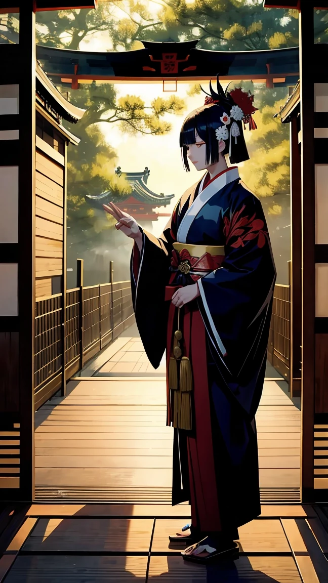 The Heian period imperial court shrouded in darkness、A small figure of Abe no Seimei standing dressed as an onmyoji、In the background, wooden buildings stand out like silhouettes.、The garden has bamboo swaying in the wind