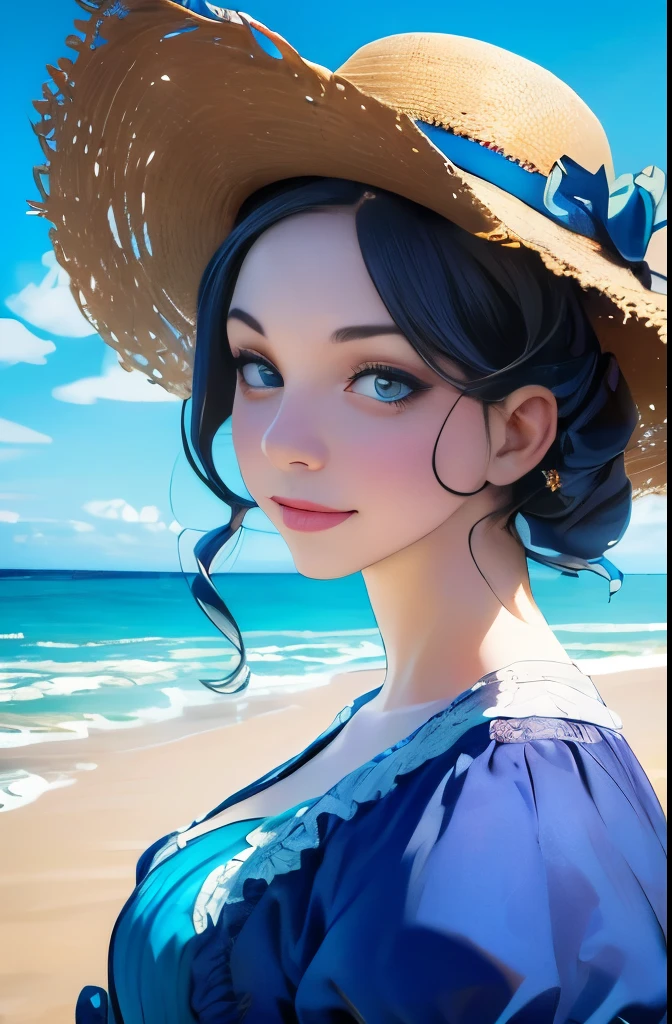 a close up of a woman in a dress and hat on a beach, a portrait inspired by Caroline Lucy Scott, flickr, rococo, with straw hat, victorian style costume, victorian blue dress, perdita weeks!, straw hat and overcoat, in victorian aristocrat, pose 4 of 1 6, victorian england style, beautiful shot, with victorian clothing