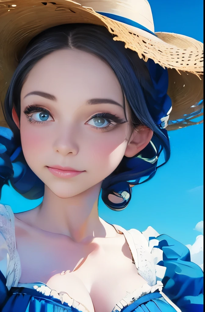 a close up of a woman in a dress and hat on a beach, a portrait inspired by Caroline Lucy Scott, flickr, rococo, with straw hat, victorian style costume, victorian blue dress, perdita weeks!, straw hat and overcoat, in victorian aristocrat, pose 4 of 1 6, victorian england style, beautiful shot, with victorian clothing