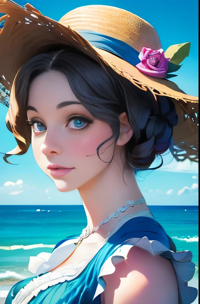 a close up of a woman in a dress and hat on a beach, a portrait inspired by Caroline Lucy Scott, flickr, rococo, with straw hat, victorian style costume, victorian blue dress, perdita weeks!, straw hat and overcoat, in victorian aristocrat, pose 4 of 1 6, victorian england style, beautiful shot, with victorian clothing