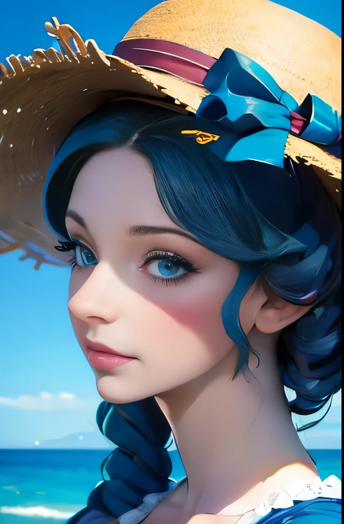 a close up of a woman in a dress and hat on a beach, a portrait inspired by Caroline Lucy Scott, flickr, rococo, with straw hat, victorian style costume, victorian blue dress, perdita weeks!, straw hat and overcoat, in victorian aristocrat, pose 4 of 1 6, victorian england style, beautiful shot, with victorian clothing