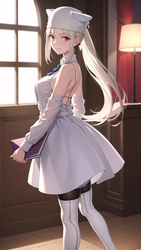 masterpiece, ultra quality, 8K, best quality, absurdres, perfect anatomy, anime_girl, 1girl, solo, Irisviel von Einzbern, ponytail, hairpin, white shirt, dress shirt, white thigh high boots, heels, white skirt, pantyhose, cowboy shot, standing, smile, indoors, arms behind back, room, night, quiet environment, Take a book, plush hat,
skinny legs, excellent facial features, different poses, A pretty girl, beautiful appearance,