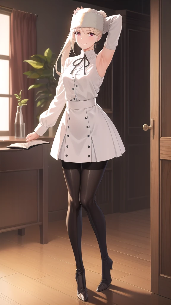 masterpiece, ultra quality, 8K, best quality, absurdres, perfect anatomy, anime_girl, 1girl, solo, Irisviel von Einzbern, ponytail, hairpin, white shirt, dress shirt, white thigh high boots, heels, white skirt, pantyhose, cowboy shot, standing, smile, indoors, arms behind back, room, night, quiet environment, Take a book, plush hat,
skinny legs, excellent facial features, different poses, A pretty girl, beautiful appearance,