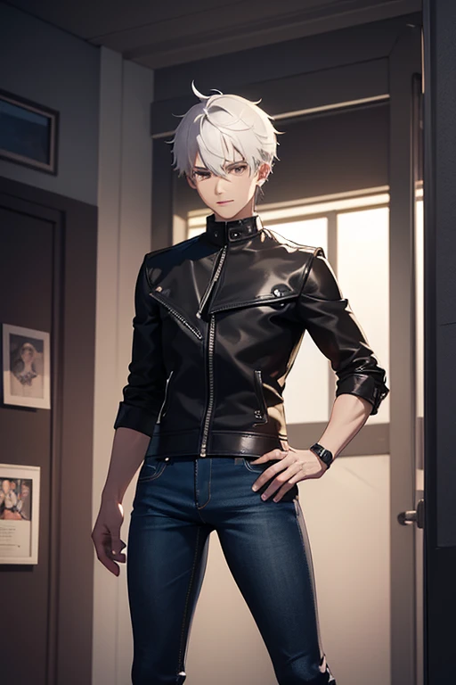 ((artwork, Best quality)), studio lighting, (1 boy), (Alone), (male focus), (stand:1.3), (looking forward: 1.3), front camera, tall and defined, protagonist, gray t-shirt, black leather jacket with zipper, long and tight jeans, emotionless, short messy hair, brown eyes, neutral look, hair covering the eye, enigmatic smile, white hair, digital art, concept art, vibrant colors, best quality, 8k, high resolution, ultra-detailed, anatomically correct