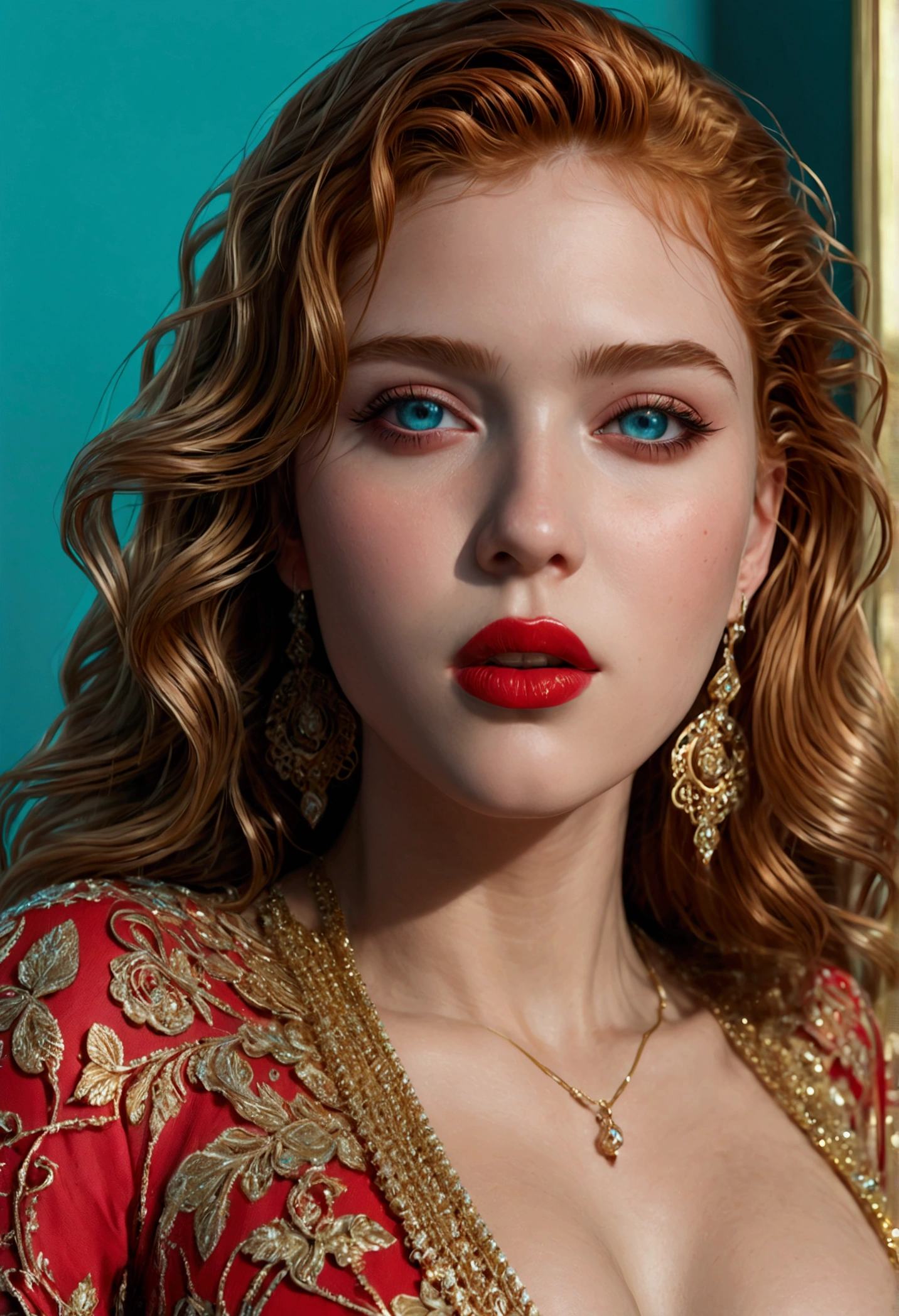 absurd resolution, High resolution, (masterpiece: 1.4), Super detailed, detailed face, detailed expression, photographed with a Canon EOS R5, 50mm lens, f/2.8, HdR, (8k), 1 girl, young 28 years old, Caucasian white skin, cold, Perfect face, beautiful face, Turquoise blue eyes, soft makeup, perfect lips, Red lipstick, absurdly long and wavy hair, ginger hair, Perfect body with golden ratio, large and firm breasts, thick thighs, perfect ass, wearing gold earrings, body chain, usando un vestido forma de cóctel con lentejuelas de hombros descubiertos y abertura Lateral en el muslo color rojo, prominent neckline, seductive pose, several views, Lateral, from above, from below, from behind, head on, red carpet stage, Posing