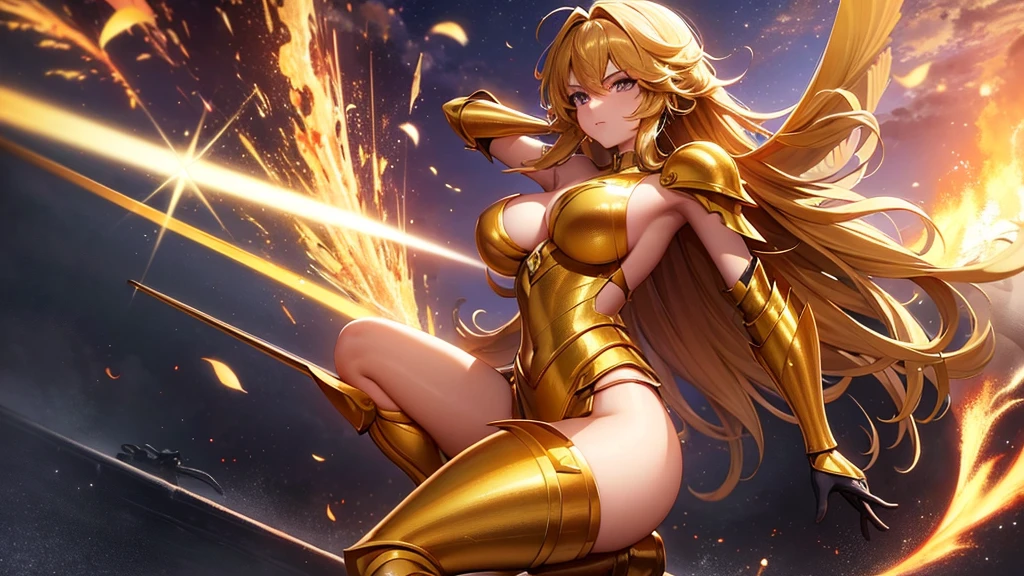 (masterpiece), (Highest quality), (1 girl), Girl in golden armor, Cool pose, Battlefield Background, Fire Background, Saint Seiya Armor, Messy Hair, Broken Armor, Tattered clothes