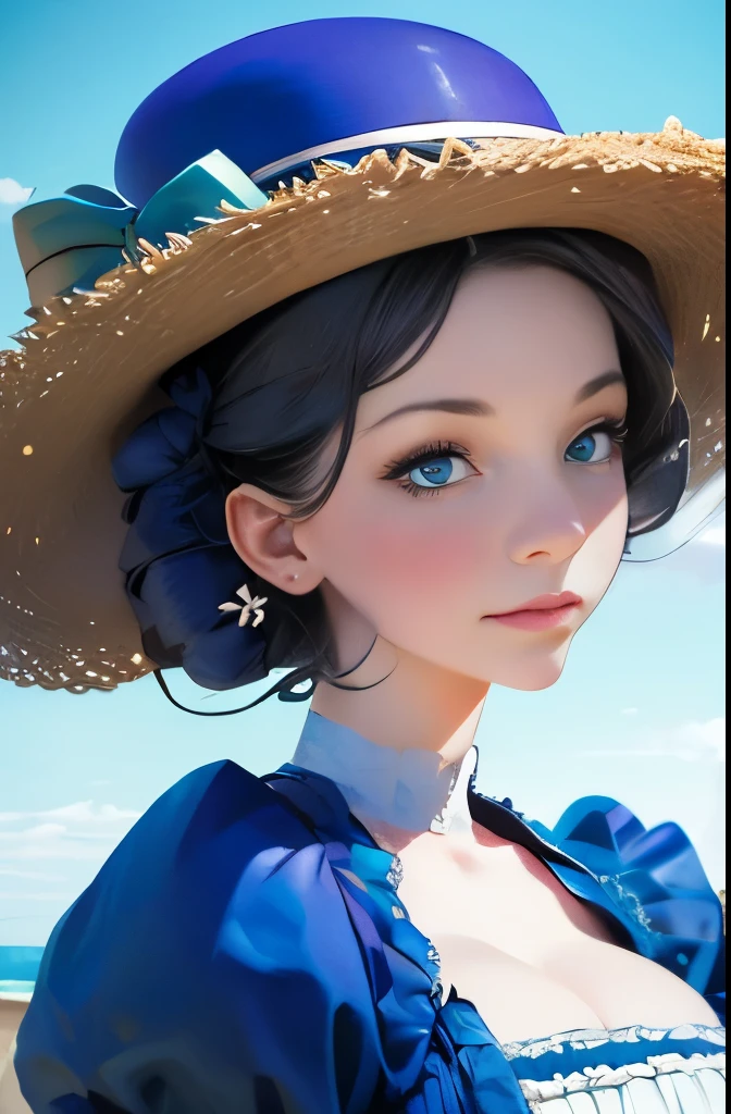 a close up of a woman in a dress and hat on a beach, a portrait inspired by Caroline Lucy Scott, flickr, rococo, with straw hat, victorian style costume, victorian blue dress, perdita weeks!, straw hat and overcoat, in victorian aristocrat, pose 4 of 1 6, victorian england style, beautiful shot, with victorian clothing