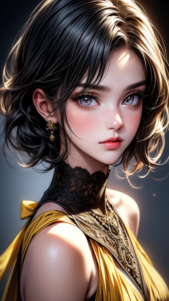 A cute girl, little sister, beautiful detailed eyes,beautiful detailed lips, black hair, short hair, yellow eyes, off-soldiers, beautiful dress, extremely detailed eyes and face,long eyelashes, illustration, ultra-detailed, best quality, 4k, 8k, highres, masterpiece:1.2,ultra-fine painting,sharp focus,professional,vivid colors,portraits,