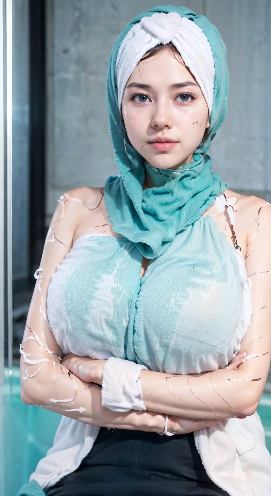 Photorealistic, (half body:1.3, exposed face), wide angle, (seen from foward:1.2), in frame, a japanese young woman, ((breast wrapped by white towel:1.2), cleavage:1.3), a hyperrealistic beautiful young girls with blue eyes, (natural droopy breast, it's huge and soft), high detailed official artwork, beautiful girls with ((slim body:1.2), (busty posture:1.2))), attractive young woman, (atractive poses:1.3), ((deep soaking:1.2), in the hot water on the (hot springs:1.2), surrounded by waterfall, natural forest background, dubnitskiy david fanart, realistic portrait, smooth photorealistic, perfect visual of a cute girls, cute girls with skinice soft face, face focus, short blond hair, makoto shinkai and artgerm, photon mapping, natural light, warm color tones, vivid colors, cool ambient, foggy atmosphere