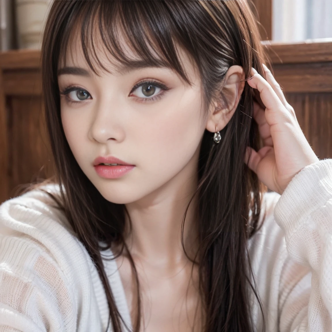 Unbelievably absurd, Beautiful and cute 20-year-old Korean woman with photo-realistic face, Showcasing the highest quality craftsmanship. Her slim body is short, Messy Hair. High resolution artwork, Capable of perfectly capturing extremely detailed features. Girl painted naked. The focus is on the practical student, Expressing depth and emotion. ((Exposing breasts))