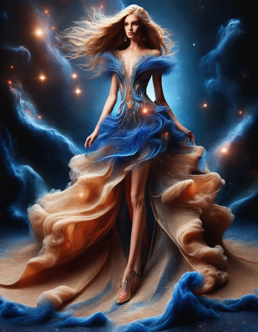 in style of Alex Grey,(Photos of female models walking the runway in sapphire blue ocean high class boutique),high class boutique, witch clothes,Paris fashion show scene,Catwalk scene,(Full body female love:1.37).Beautiful shoe background:The stepped stage is covered with fine sand,Jupiter,Recife,Sand and foam, dust rising,Blue swirls swirl like bubbles, Ridiculously long hair, long eyelashes, bright pupils, , Ray tracing, divine light, ultra high definition, The anatomy of a masterpiece is correct, textured