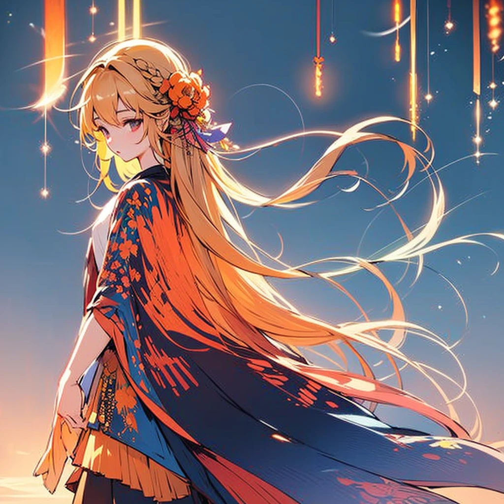 A cute orange long hair girl in a traditional attire,surrounded by luminous plants and fireflies, with a background in the style of an anime, dreamy colors, a fantasy world, nightcore, Y2K aesthetic, Fireflies,