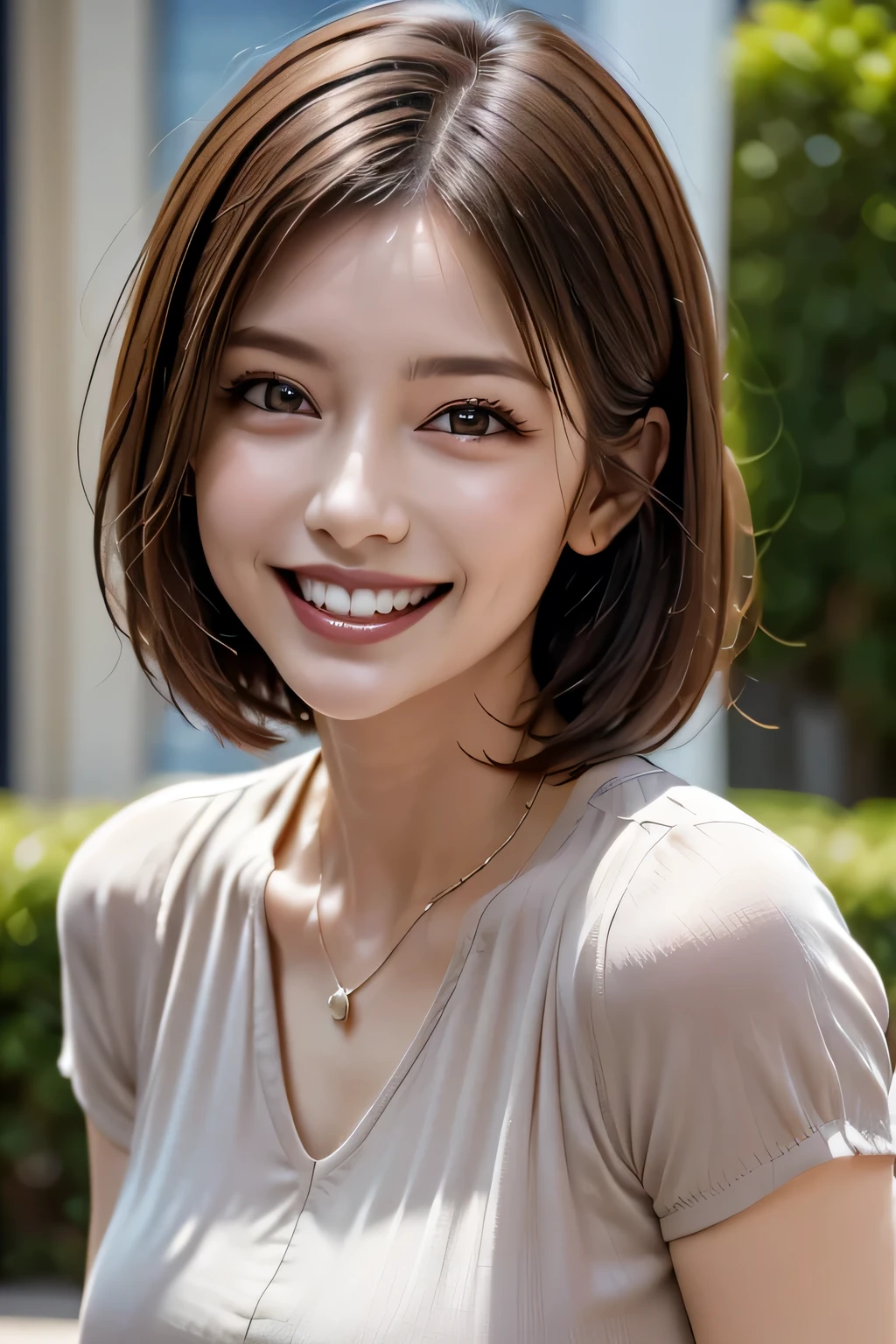 ((masterpiece)), ((Highest quality)), ((Complex)), ((Surreal)), (Realistic), (Mature Woman), ((No classes)), Very detailed, (1 female), Beautiful and exquisite, (Beautiful Teeth), Grin, Brunette bob hair, Brown eyes, ((blouse)), (Upper Body), (background:none), Perfect Eyes, Captivating eyes, Looking at the audience