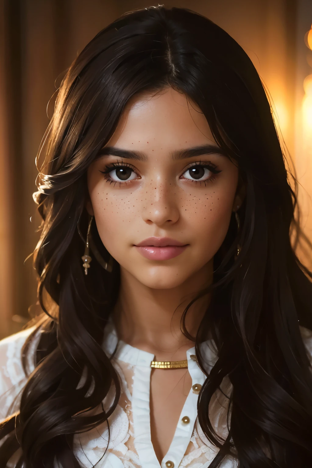 ((best quality)), ((masterpiece)), (detailed), beautiful thirty-seven year old latina girl, perfect face, calm expression, soft expression, not fully smiling, (dark brown eyes), (black eyes), photorealistic, detailed long hair, perfect lighting, (young), delicate, gentle, feminine, she is beautiful, she is calm, photorealistic image, long black hair, dark brown sheen, clear brown eyes, clear black eyes, light freckles across her cheeks, long wavy hair, long curly hair, realistic, (tanned white skin)