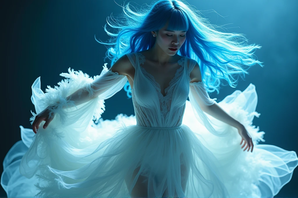 Alluring full body shot of an Asian woman with long blue hair, Her eyes were fixed on the camera., Appears to be made of light beams and feathers、Wearing a flowing dress. Dark background, Illuminated by a soft white light from above. She stands confidently in front of a bright blue background, Creates a vivid contrast between darkness and light. Her outfit adds depth and dimension to the scene., on the other hand、Her face exudes grace and strength.., Extremely realistic photos were taken, High resolution 20 megapixel Hasselblad H6D-400c USM, Sharp focus, Ultra-detailed