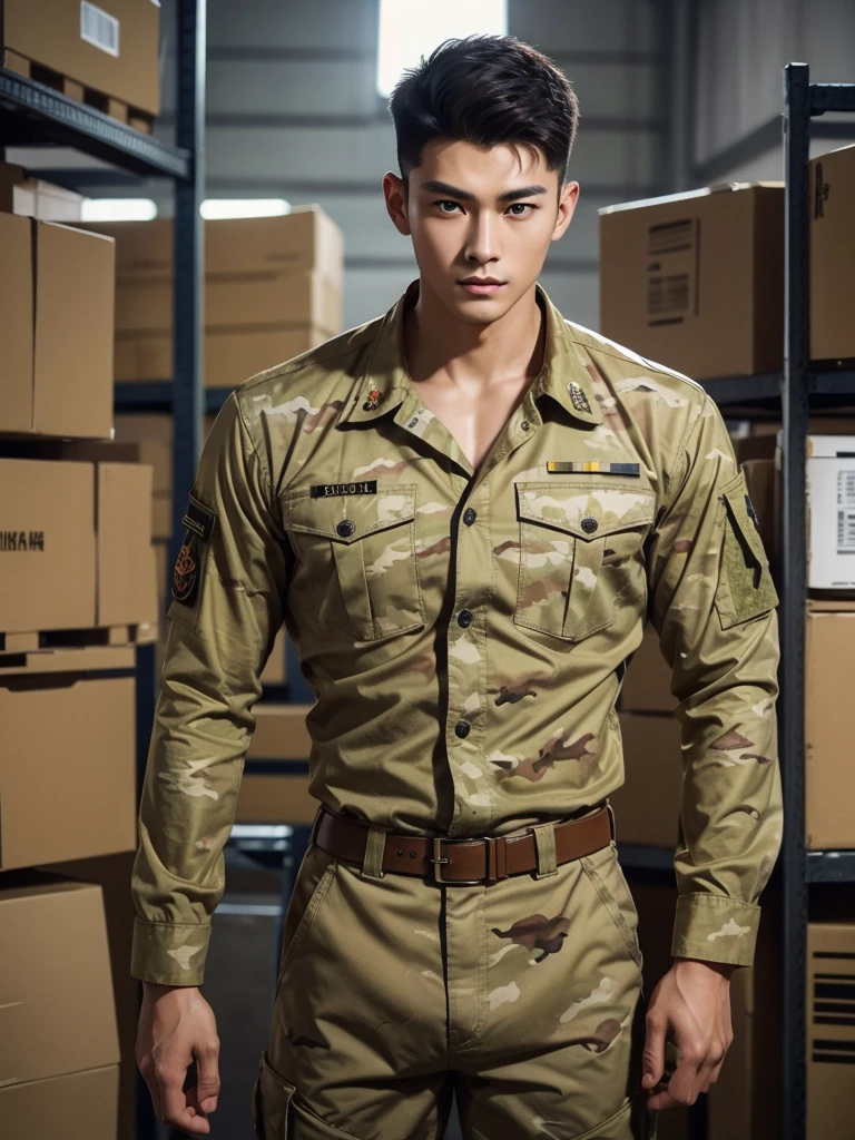 1 Handsome chinese slim guy, 20 years old, Hair combed smoothly, handsome yellow soldier,Wearing a yellow camouflage shirt,wearing yellow military uniform, rugged yellow soldier, Wear yellow camouflage clothing, majestic,Who is Shi Yu?, Li Yuanbin, Kim Hyung Tae, Kim Hyung Tae, Yin Shishan, Handsome Chinese muscular guy,Broad shoulders and narrow waist,A handsome man wearing a yellow camouflage military uniform and a belt,Form-fitting fabric contours the bust,in a remote warehouse,hands tied behind back,Hands tied behind the back,hands tied behind back,Masculine and sexy,High,Muscles look good,hairy body,Wheat complexion,black eyes(thin eyes 1:3),whole body image