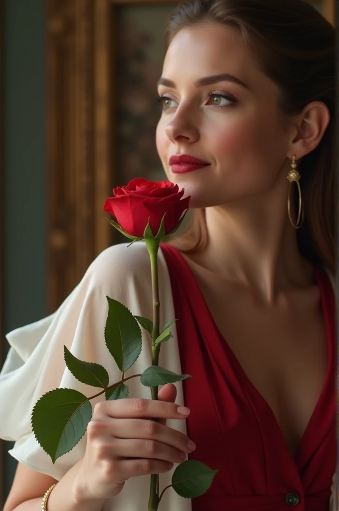 Close-up of the shot,An elegant lady,Holding a rose in his hand