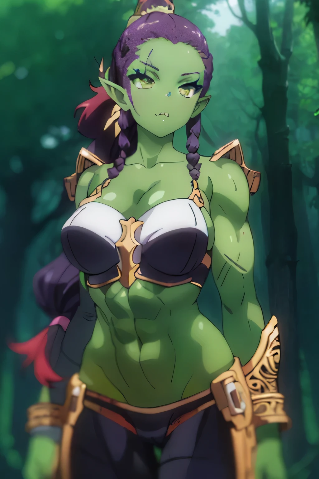 photo of beautiful Orc, RAW, beautiful woman, (portrait), (detailed anime face:1.2), (detailed green skin, dark green makeup, smooth green skin: 1.22), (Long braided hair), (perfect proportioned body, Strong, muscular, narrow waist, narrow hips, skinny, medium breasts), (she wears cropped leather armor), (detailed Forest, giant trees), (realistic photo, best quality, detailed), (8k wallpaper), (cinematic lighting, beautiful light, (day:1.3)) (sharp focus, intricate)