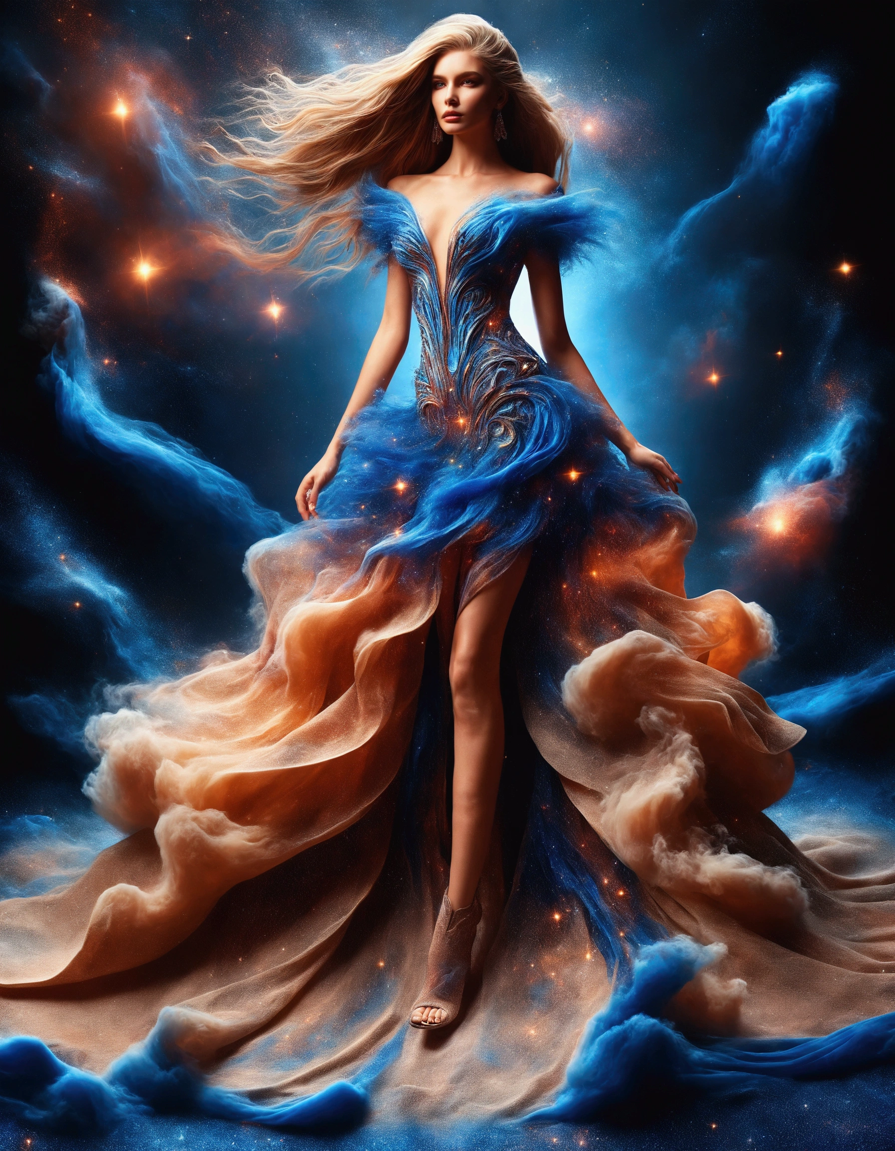 in style of Alex Grey,(Photos of female models walking the runway in sapphire blue ocean high class boutique）,high class boutique, witch clothes，Paris fashion show scene，Catwalk scene，（Full body female love：1.37）.Beautiful shoe background：The stepped stage is covered with fine sand，Jupiter，Recife，Sand and foam, dust rising，Blue swirls swirl like bubbles, Ridiculously long hair, long eyelashes, bright pupils, , Ray tracing, divine light, ultra high definition, The anatomy of a masterpiece is correct, textured