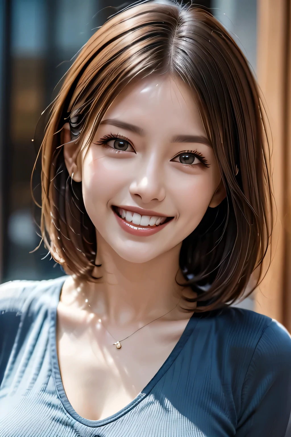 ((masterpiece)), ((Highest quality)), ((Complex)), ((Surreal)), (Realistic), (Mature Woman), ((No classes)), Very detailed, (1 female), Beautiful and exquisite, (Beautiful Teeth), Grin, Brunette bob hair, Brown eyes, ((blouse)), (Upper Body), (background:none), Perfect Eyes, Captivating eyes, Looking at the audience