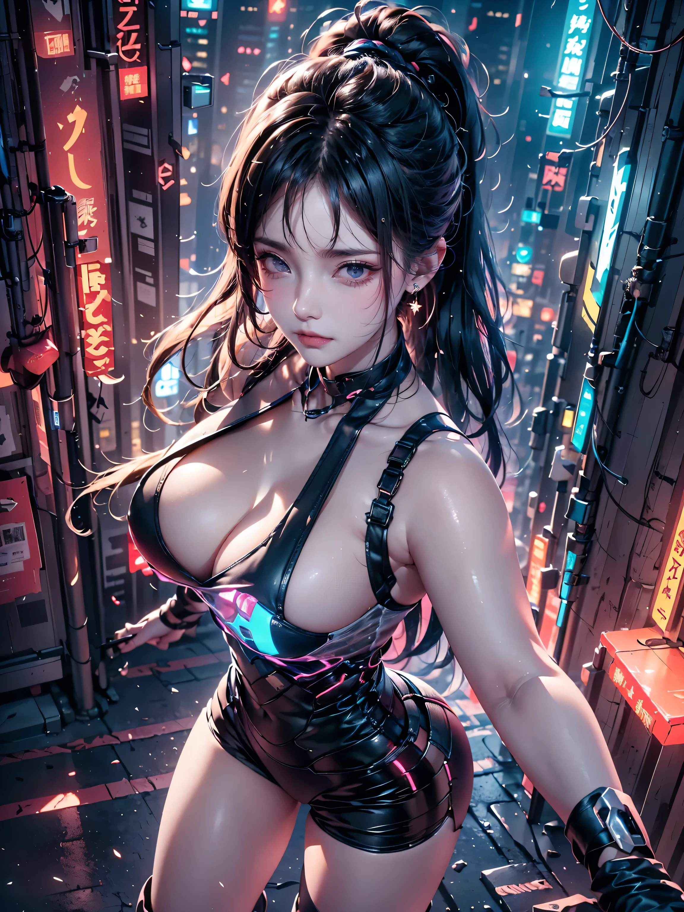 ((16K)),((masterpiece:1.3)), ((Highest quality)), ((Ultra-high resolution)), (Very detailed), (Realistic, photoRealistic:1.4), Perfect lighting,((Side light)), Written boundary depth, Surrealism,photo shoot, (( large breasts :1.5)),No makeup, Film Grain, chromatic aberration, Sharp focus, Face Light,((Beautiful detailsまでこだわった髪)),((Beautiful eyelashes)), Beautifully detailed face, Beautiful details, Beautiful clavicle, Beautiful body,((Beautiful and round eyes)), ((Thin legs)),((Beautiful breasts)), Pointed Chest,Beautiful legs, ((Detailed and carefully drawn hand)), Cleavage, Perfect Anatomy, Supermodel with a long neck,((Skinny1.3)),23 years old,Looking into the camera,(Perfect Anatomy,Anatomically correct, Very detailed肌), Glowing Skin,((beautiful girl:1.1)),((Beautiful ponytail)),((Mid-length hair:1.4, Wavy Hair:1.2, Black Hair)),((See-through bangs:1.2)),Dainty facial structure,((Grim expression:1.4)),((fighting stance:1.6)),((whole body)), ((Pointing the sword at the viewer:1.6)),((sword:1.4)),((A robotic heroine at the forefront of cyberpunk:1.3)),((Caught in the chaos of war:1.4)),((Neon-lit battlefield:1.4)),((Plasma Bullet:1.4)),((Combat Cyberpunk Enemies:1.3)),(Glass cover reflects flickering light),((wide angle:1.5)),A fierce battle scene set in a cyberpunk Tokyo. Skyscrapers line the background, with neon lights and holographic advertisements illuminating the scene. Characters are engaged in combat with futuristic weapons. Rain is pouring down, reflecting neon lights off the wet streets. The protagonist is a cybernetically enhanced warrior, fighting against a similarly advanced rebel fighter. The battle is intense, with energy weapons and swords clashing, and explosions occurring. The atmosphere is dark and colorful,((from above:1.4)),