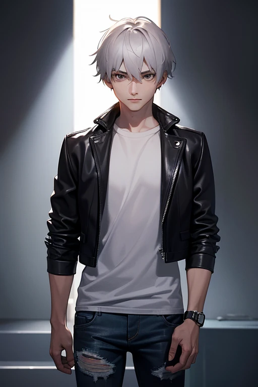 ((artwork, Best quality)), studio lighting, (1 boy), (Alone), (male focus), (stand:1.3), (looking forward: 1.3), front camera, tall and defined, protagonist, gray t-shirt, black leather jacket open and with zipper, long and tight jeans, emotionless, short messy hair, brown eyes, neutral look, hair covering the eye, enigmatic smile, white hair, digital art, concept art, vibrant colors, best quality, 8k, high resolution, ultra-detailed, anatomically correct