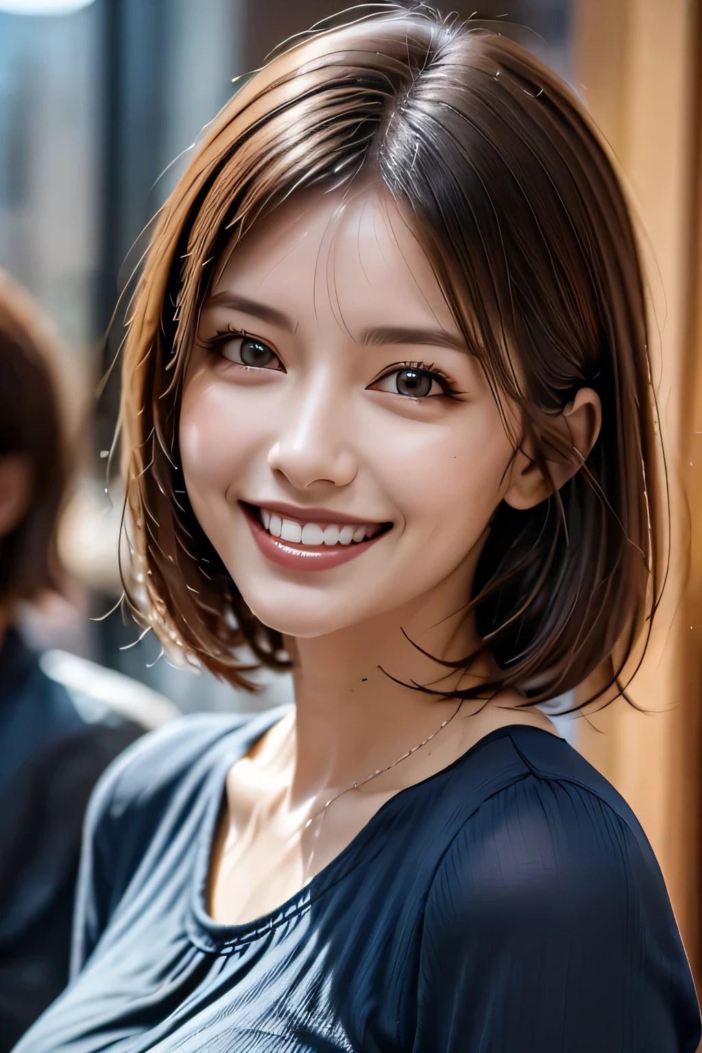 ((masterpiece)), ((Highest quality)), ((Complex)), ((Surreal)), (Realistic), (Mature Woman), ((No classes)), Very detailed, (1 female), Beautiful and exquisite, (Beautiful Teeth), Grin, Brunette bob hair, Brown eyes, ((blouse)), (Upper Body), (background:none), Perfect Eyes, Captivating eyes, Looking at the audience