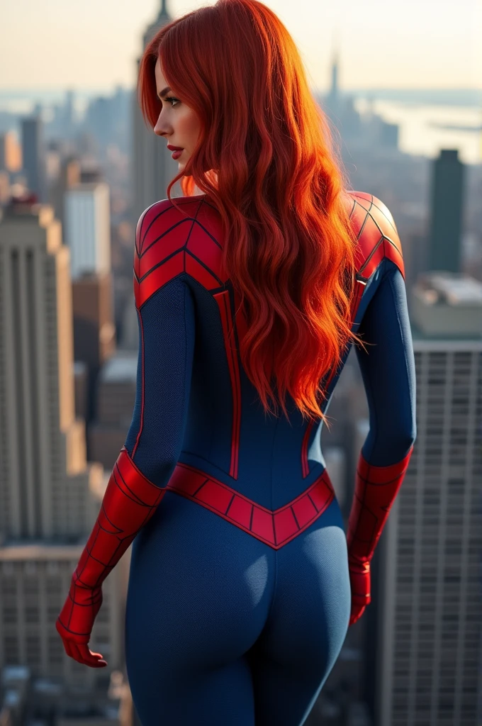 (full body shot:1) photorealistic image of a woman, ultrarealistic, photography, long red hair, woman, 24 years old, hourglass figure, perfect body, Flirty look, natural medium breasts, wearing a spider-woman suit, superhero pose, from behind, standing on top of the empire state building, looking back, camera from above
