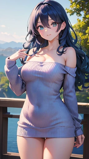 (masterpiece:1.3, Highest quality, Ultra-high resolution, Very detailed), (Realistic, photoRealistic:1.4), Beautiful illustrations, Perfect lighting, Natural light, colorful, Written boundary depth, ,
Beautiful detailsまでこだわった髪, Beautifully detailed face, Beautiful details, Beautiful clavicle, Beautiful body, Beautiful breasts,Large Breasts、 Beautiful thighs, Beautiful legs, Beautiful fingers, 
View your audience, 1 girl, Japanese, high School girl, (Perfect Anatomy, Anatomically correct), Cute and symmetrical face, Baby Face, Perfect Face, Perfect Eyes, Glowing Skin, thin, 
(Long Hair:1.7, Wavy Hair:0.8, Blue Hair), Antenna Hair, Hair between the eyes, Emerald green eyes, Long eyelashes, (Large Breasts:0.8, Captivating thighs), 
((Long sleeve light purple knit dress, Black tube top)), 
(Beautiful views), summer, evening, (School), (Cute Smile, Upward glance),