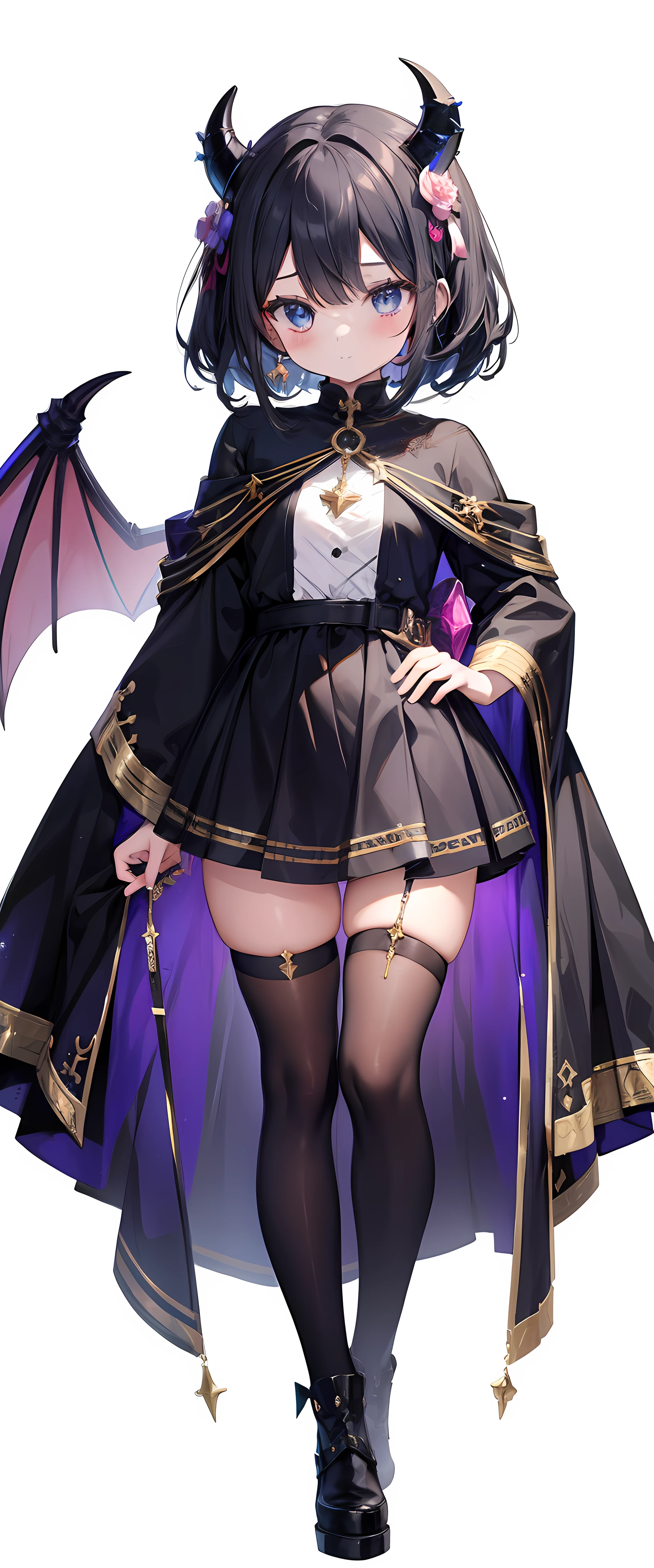 li,chloli,lo,chil, yourl, Fullbody,head to toe capture on the frame,thick thighs, ULTRA, HQ, best quality, seductive young lady wearing costume , magical, magic, RPG, FANTASY, sfw, cute, kawaii, devil horns, short black hair, blue eyes, fantasy theme, rpg theme, innocent,white background