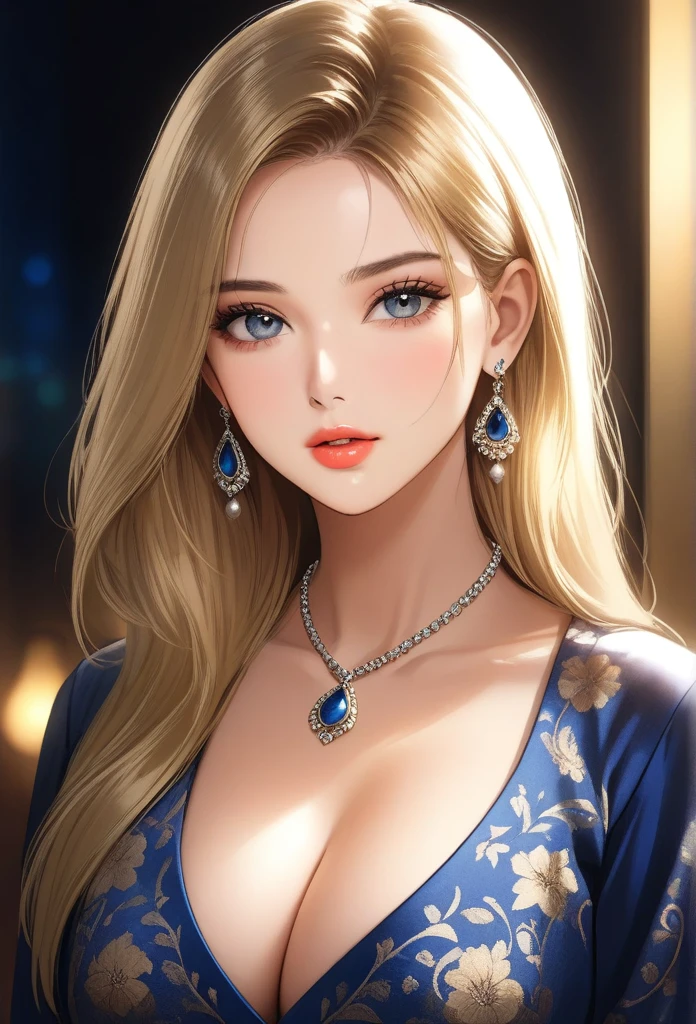 A beautiful young woman, 1girl, hourglass figure, seductive pose, printed design kurta and pajma, silky blunt blonde hair, heavy silver jhumka earrings, necklace ,cleavage, detailed face with stunning eyes, full lips, flawless makeup, dark cinematic lighting, dramatic photorealistic effect, masterpiece-level 8K rendering, ultra-detailed, realistic, photo-realistic, HDR, UHD, studio lighting, ultra-fine painting, sharp focus, physically-based rendering, extreme detail description, professional, vivid colors, bokeh