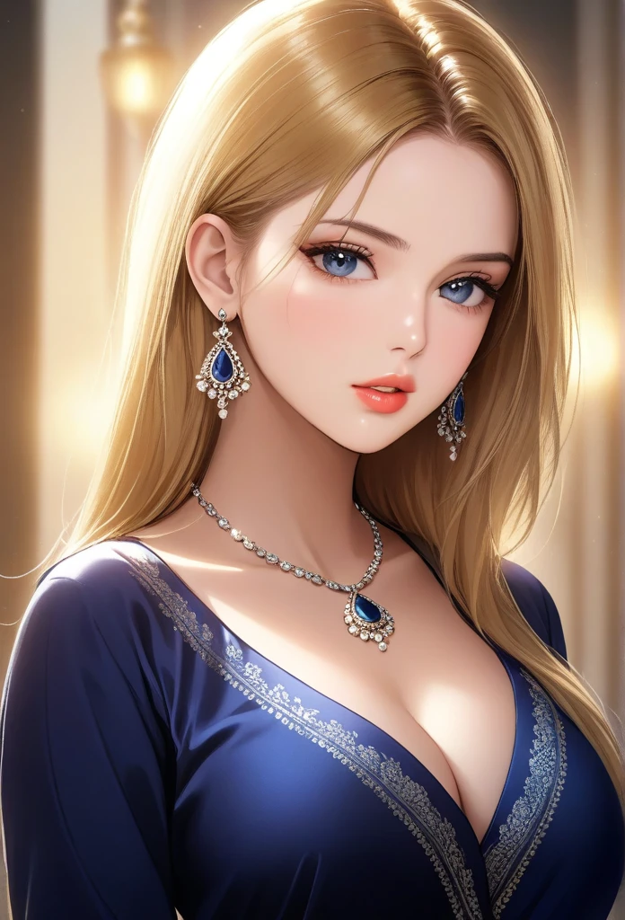 A beautiful young woman, 1girl, hourglass figure, seductive pose, printed design kurta and pajma, silky blunt blonde hair, heavy silver jhumka earrings, necklace ,cleavage, detailed face with stunning eyes, full lips, flawless makeup, dark cinematic lighting, dramatic photorealistic effect, masterpiece-level 8K rendering, ultra-detailed, realistic, photo-realistic, HDR, UHD, studio lighting, ultra-fine painting, sharp focus, physically-based rendering, extreme detail description, professional, vivid colors, bokeh