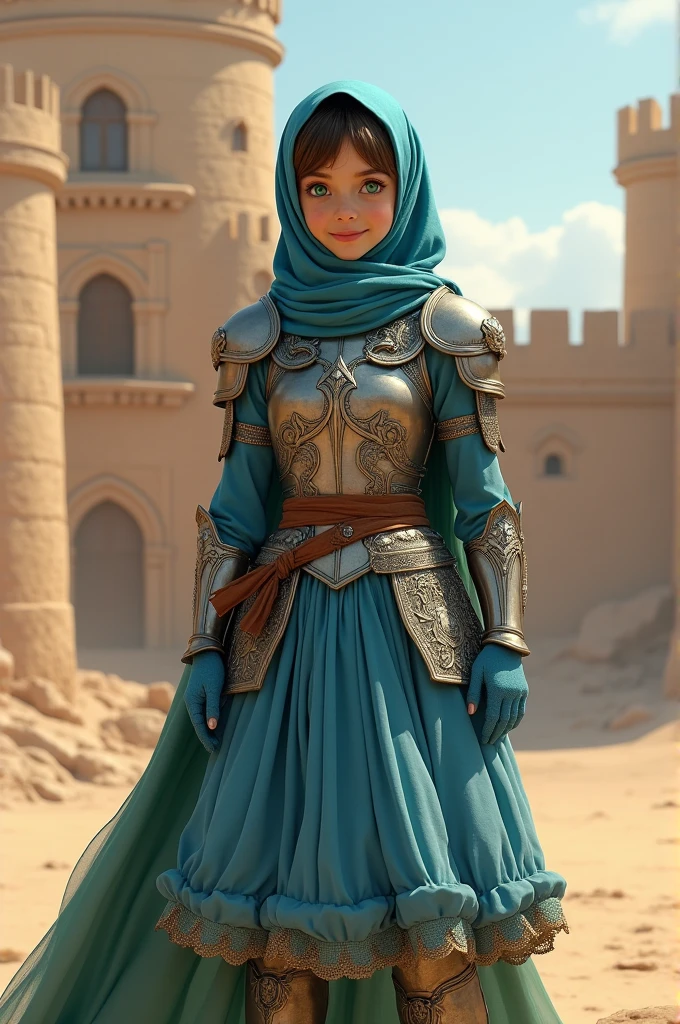 masterpiece, best quality:1.2), smiling at the viewer, warrior princess girl with green eyes, wearing blue hijab headscarf, armor, armored dress, blue puffy princess skirt, green cape, armored boots, blue fingerless gloves, standing in front of desert castle